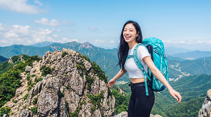 JPG 편집이미지 여자 행복 여행 배낭 자연 산 웃음 풍경 등산 정상 등산객 의료성형뷰티 편집실사 AI인물포토 AI콘텐츠 감정 가방 표정 사람 트래킹 CG 생태계 파일형식 AI포토 잡화 레저