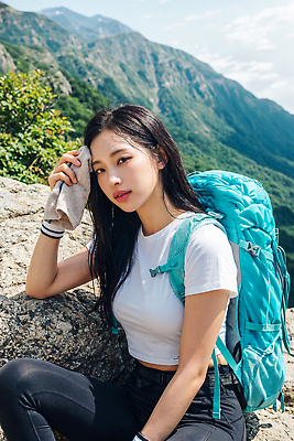 JPG 나무 편집이미지 여자 여행 배낭 자연 산 풍경 여름 등산 하이킹 땀 의료성형뷰티 편집실사 AI인물포토 AI콘텐츠 식물 계절 가방 레저 사람 트래킹 CG 생태계 파일형식 AI포토 잡화