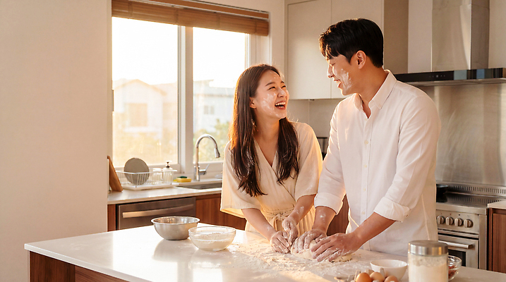 JPG 편집이미지 손 부부 커플 여자 남자 재료 대화 요리 웃음 햇빛 주방 즐거움 만들기 밀가루 의료성형뷰티 편집실사 AI인물포토 AI콘텐츠 감정 관계 모션 표정 말하기 사람 신체부위 빛 가루 CG 파일형식 AI포토