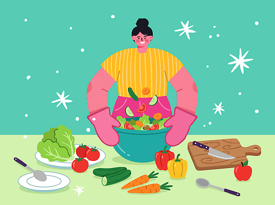 그릇 여자 토마토 채소 일러스트 재료 가족 식탁 주방용품 피망 오이 요리 주방 식사 당근 샐러드 칼 상추 준비 조리대 손질 국내일러스트 AI파일 식기 음식 생활용품 관계 탁자 뿌리채소 사람 파일형식 벡터 가구 오브젝트