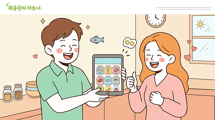 여자 남자 음식 다이어트 일러스트 재료 함께함 건강 대화 요리 웃음 친구 태블릿 건강관리 주방 계란 선택 동료 소통 국내일러스트 AI파일 컨셉 관계 표정 관리 말하기 사람 전자제품 스마트기기 알 파일형식 벡터 모션