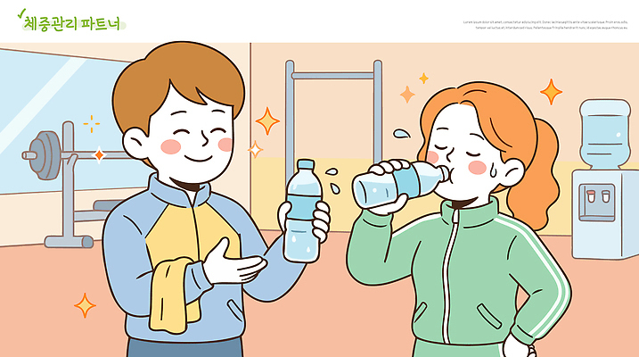 웰빙 여자 남자 스포츠 다이어트 일러스트 함께함 건강 물 운동복 수건 운동 헬스 스트레칭 물병 동료 체육관 국내일러스트 AI파일 자연요소 옷 컨셉 관계 사람 위생용품 물통 파일형식 벡터 생활용품 오브젝트