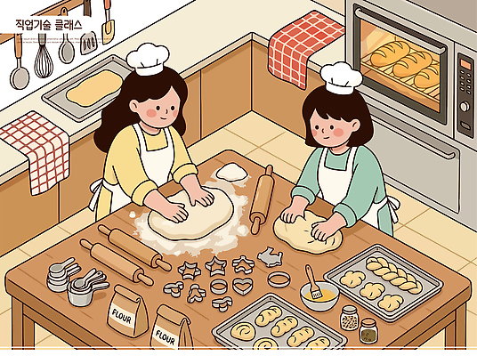여자 빵 일러스트 재료 기술 요리 장식 학습 쿠키 주방 식사 도구 작업 오븐 맛 반죽 만들기 밀가루 제빵 가열 클래스 국내일러스트 AI파일 교육 음식 컨셉 모션 디저트 사람 제과제빵 가전제품 가루 파일형식 벡터