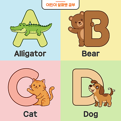 동물 문자 알파벳 영어 어린이교육 교육 일러스트 곰 영어교육 학습 고양이 가르침 개 B 그림 악어 A C D 영어교실 국내일러스트 AI파일 포유류 파충류 수업 반려동물 파일형식 벡터