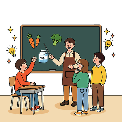 학생 손 교육 음식 채소 과일 일러스트 교실 수업 건강 학습 교사 칠판 당근 우유 도구 브로콜리 질문 흥미 국내일러스트 AI파일 직업 컨셉 학교 유제품 뿌리채소 신체부위 파일형식 벡터 사람