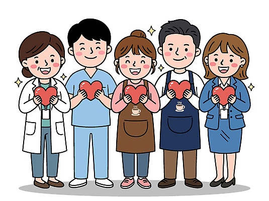 직업 행복 감정 일러스트 의학 사랑 웃음 이벤트 여러명 친구 만남 하트 마음 봉사 도움 소중 소통 전문 지원 국내일러스트 AI파일 모양 다수 컨셉 관계 표정 사람 파일형식 벡터