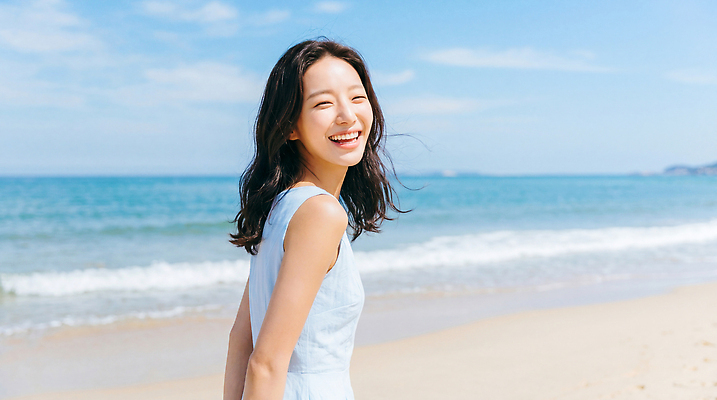JPG 편집이미지 여자 바다 자연 하늘 날씨 웃음 사람 풍경 해변 여름 맑음 즐거움 의료성형뷰티 편집실사 AI인물포토 AI콘텐츠 계절 감정 표정 CG 생태계 파일형식 AI포토