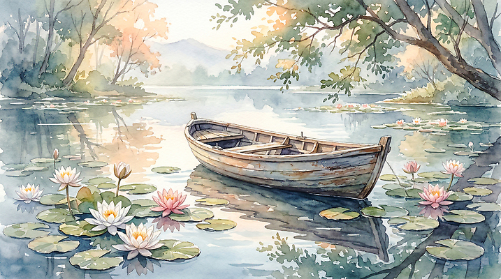 자연요소 식물 컨셉 잎 배 그림 생태계 선박 파일형식 AI콘텐츠 보트 호수 수련 나뭇잎 꽃 자연 물 나무 풍경 평화 수면 반사 수중식물 하늘 고요 풍경화 일러스트 국내일러스트 JPG AI일러스트