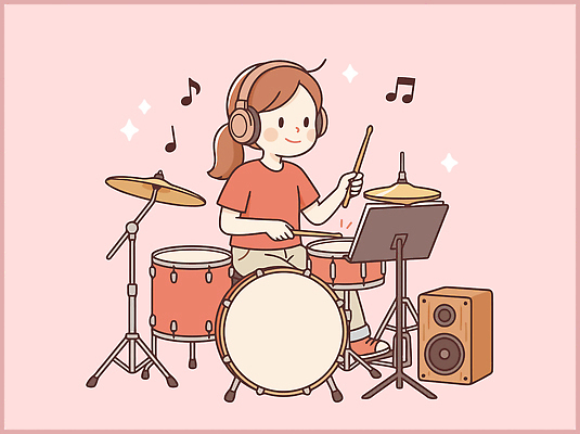 어린이 악기 음악 연주 일러스트 놀이 취미 헤드폰 스피커 소리 악보 즐거움 드럼 드러머 리듬 국내일러스트 AI파일 감정 음향기기 문화예술 타악기 사람 파일형식 벡터 전자제품