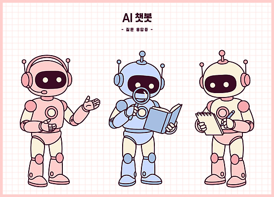 캐릭터 교육 컨셉 말하기 사무용품 파일형식 벡터 AI_인공지능 채팅봇 대화 책 메모지 정보 기술 로봇 소통 학습 독서 분석 자료 일러스트 AI파일 일러캐릭터