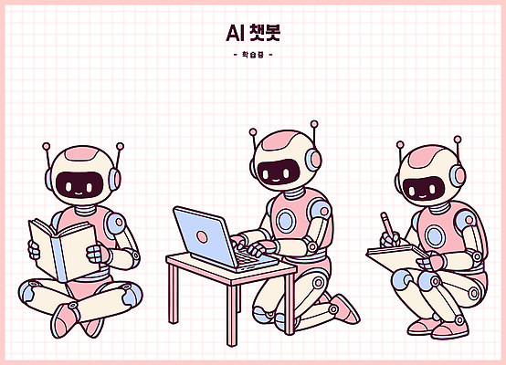 캐릭터 교육 전자제품 사무용품 파일형식 벡터 로봇 AI_인공지능 책 독서 노트북 작업 메모지 기술 학습 정보 개발 디자인 창작 자료 일러스트 AI파일 일러캐릭터