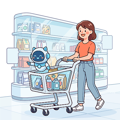 여자 음식 일러스트 쇼핑 상점 카트 가리킴 밀기 구매 상품 고객 로봇 즐거움 오브젝트 진열장 마트 점포 국내일러스트 AI파일 감정 모션 사람 손짓 파일형식 벡터