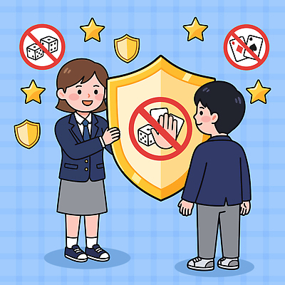 학생 여학생 교육 남학생 일러스트 대화 경고 안전 친구 게임 메시지 보호 방패 조언 청소년도박 국내일러스트 AI파일 여자 남자 컨셉 관계 놀이 말하기 도박 파일형식 벡터 모션 사람
