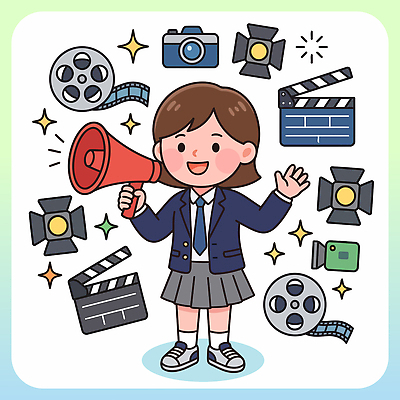 편집 여자 교복 일러스트 청소년 스튜디오 조명 웃음 소녀 카메라 촬영 확성기 장비 클래퍼보드 필름 영화 영상 동아리 국내일러스트 AI파일 옷 어린이 문화예술 표정 사람 전자제품 파일형식 벡터