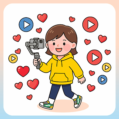 여자 일러스트 웃음 걷기 촬영 장비 하트 즐거움 재생 영상 비디오 소통 소셜네트워크 콘텐츠 짐벌 유튜브 국내일러스트 AI파일 모양 감정 컨셉 모션 표정 사람 촬영장비 파일형식 벡터 도구