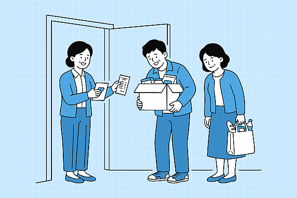여자 일러스트 가정 봉투 상자 문 기쁨 배달원 배송 전달 방문 주문 생필품 국내일러스트 AI파일 직업 감정 사람 오브젝트 파일형식 벡터