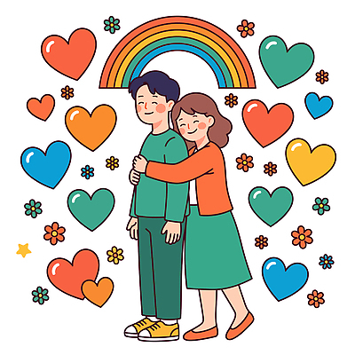캐릭터 디자인 여자 남자 꽃 행복 무지개 일러스트 포옹 사랑 사람 친구 하트 그림 국내일러스트 AI파일 자연요소 모양 식물 감정 관계 안기 파일형식 벡터 모션