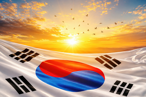 JPG 편집이미지 하늘색 조류 하늘 바람 한국 풍경 태양 일출 노을 깃발 국기 제헌절 편집실사 AI컴퓨터그래픽 AI콘텐츠 자연요소 동물 아시아 날씨 파란색 국경일 CG 파일형식 기념일 나라 컬러 이벤트