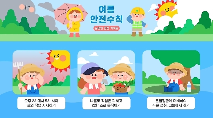 농업 일러스트 휴식 경고 안전 소녀 소년 여름 햇빛 도구 작업 안전수칙 나무그늘 수분섭취 국내일러스트 폭염대비 AI파일 나무 계절 여자 남자 산업 어린이 컨셉 빛 대비 더위 그늘 파일형식 벡터 식물 날씨 사람