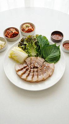 JPG 편집이미지 한식 음식 채소 반찬 김치 육류 식사 맛 상추 배추 삼겹살 보쌈 쌈장 쌈밥 편집실사 AI포토 AI콘텐츠 컨셉 식재료 돼지고기 양념 CG 파일형식
