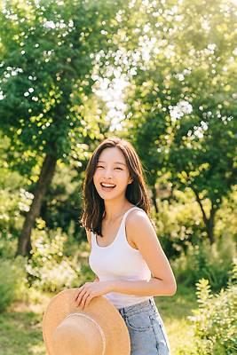 JPG 나무 편집이미지 모자 여자 행복 자연 웃음 야외 일상 캐주얼 여름 햇빛 풀 의료성형뷰티 스타일 편집실사 AI인물포토 AI콘텐츠 식물 잡화 옷 계절 감정 표정 사람 라이프 빛 CG 생태계 파일형식 AI포토 생활