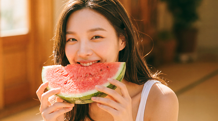 계절 감정 음식 조각 과일 수박 표정 사람 내부 라이프 빛 CG 파일형식 AI포토 여자 웃음 실내 여름 즐거움 건강식 디저트 행복 수박조각 편집이미지 편집실사 JPG 햇빛 일상 의료성형뷰티 AI인물포토 AI콘텐츠