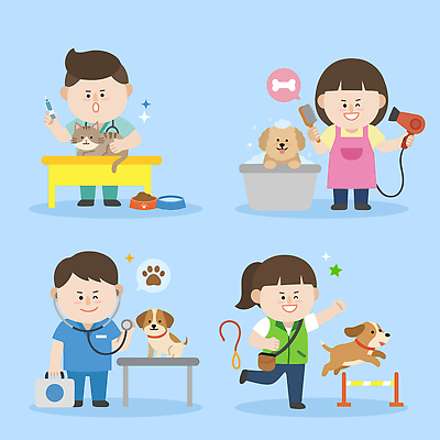 여자 남자 일러스트 일상 치료 반려동물 고양이 목욕 도구 강아지 연습 동물병원 수의사 애견미용 애견미용사 국내일러스트 AI파일 동물 포유류 의학 병원 사람 라이프 뷰티 청결 의사 개 미용사 파일형식 벡터 직업 생활 의료진 위생