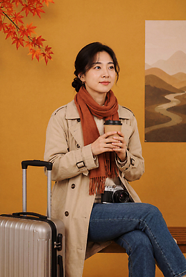 JPG 편집이미지 옷 계절 여자 커피 여행 단풍 휴식 카메라 캐리어 스카프 준비 가을옷 의료성형뷰티 편집실사 AI인물포토 AI콘텐츠 음료 컨셉 잎 사람 전자제품 여행가방 목도리 가을 CG 파일형식 AI포토 식물 잡화 가방