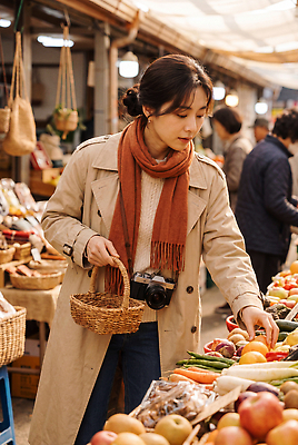 JPG 편집이미지 여자 과일 여러명 쇼핑 장보기 바구니 상점 스카프 신선 시장 구매 상품 방문 과일가게 가을옷 의료성형뷰티 편집실사 AI인물포토 AI콘텐츠 옷 다수 사람 목도리 가을 CG 파일형식 AI포토 잡화 계절