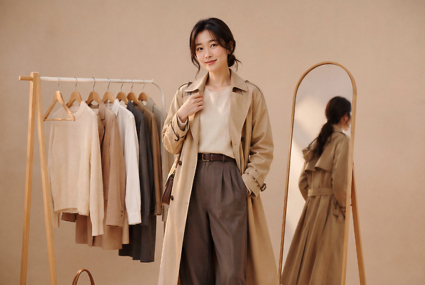 JPG 모델 편집이미지 여자 패션 포즈 상의 바지 미소 거울 트렌치코트 옷걸이 코디 가을옷 의료성형뷰티 스타일 편집실사 AI인물포토 AI콘텐츠 옷 하의 표정 사람 코트 가을 CG 파일형식 AI포토 계절 외투