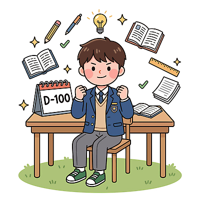 남자 일러스트 학교 청소년 성공 문구용품 책 학습 연필 수능 달력 목표 계획 집중 책상 준비 수험생 노력 D-100 국내일러스트 AI파일 교육 가구 컨셉 고등학생 학용품 사람 필기구 시험 오브젝트 디데이 파일형식 벡터 학생 생활용품