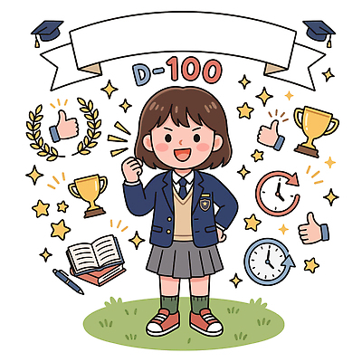 학생 여자 시계 포즈 일러스트 학교 청소년 성공 웃음 책 학습 수능 도전 목표 상패 즐거움 준비 수험생 열정 노력 100일 D-100 국내일러스트 AI파일 교육 기념일 감정 컨셉 고등학생 표정 사람 시험 우승 디데이 파일형식 벡터 이벤트 최고