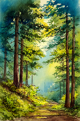 JPG 나무 길 여행 일러스트 자연 수채화 산 사람 풍경 여름 햇빛 숲속 숲 그림 국내일러스트 AI일러스트 AI콘텐츠 식물 계절 빛 생태계 파일형식
