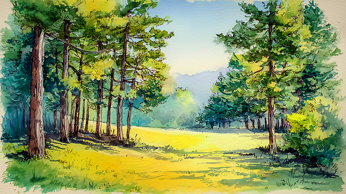 JPG 나무 일러스트 자연 하늘 수채화 산 풍경 초원 야외 여름 햇빛 숲속 숲 그림 국내일러스트 AI일러스트 AI콘텐츠 식물 계절 빛 생태계 파일형식