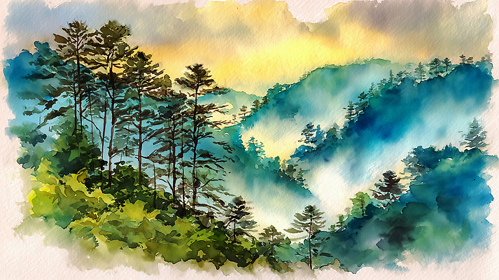 JPG 나무 일러스트 자연 하늘 수채화 산 풍경 일출 안개 숲속 숲 그림 조경 경관 국내일러스트 AI일러스트 AI콘텐츠 식물 날씨 노을 생태계 파일형식 자연요소