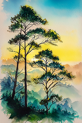 JPG 나무 일러스트 자연 하늘 아침 수채화 산 풍경 햇빛 일출 숲속 그림 국내일러스트 AI일러스트 AI콘텐츠 주간 식물 빛 노을 숲 생태계 파일형식 자연요소