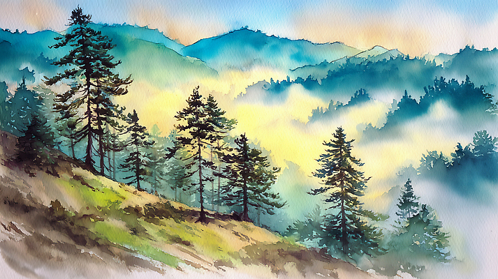 JPG 나무 일러스트 자연 하늘 아침 수채화 산 풍경 햇빛 안개 숲속 숲 그림 국내일러스트 AI일러스트 AI콘텐츠 주간 식물 날씨 빛 생태계 파일형식 자연요소
