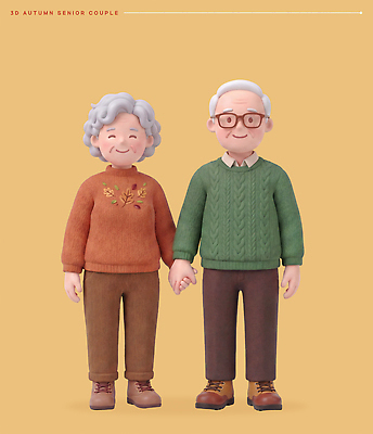 PSD 편집이미지 캐릭터 디자인 여자 노년 남자 미소 손잡기 노부부 가을 편집3D 부부 계절 모션 표정 사람 성인 3D 파일형식 커플 디지털합성 관계