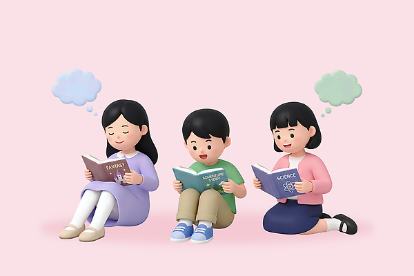 PSD 편집이미지 문화 어린이 상상 소녀 소년 책 학습 독서 교양 집중 즐거움 편집3D 여자 교육 남자 감정 컨셉 사람 3D 파일형식 디지털합성