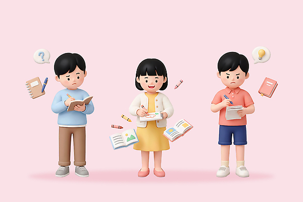 PSD 편집이미지 교육 종이 어린이 생각 색연필 소녀 소년 책 친구 학습 독서 교양 기록 읽기 즐거움 그림 편집3D 여자 남자 감정 관계 모션 학용품 사람 3D 파일형식 문구용품 디지털합성 오브젝트