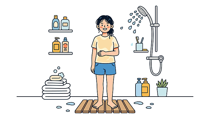 여자 일러스트 바닥 일상 생활 물 여름휴가 수건 위생용품 목욕 욕실 더위 청소 그림 샤워기 Hygiene 국내일러스트 AI파일 자연요소 생활용품 날씨 휴가 사람 라이프 여름 청결 파일형식 벡터 계절 위생 오브젝트