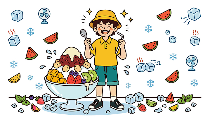 그릇 어린이 일러스트 휴식 디저트 수박 웃음 여름휴가 숟가락 냉동 얼음 맛 더위 시원함 즐거움 팥빙수 과일빙수 색감 국내일러스트 AI파일 자연요소 식기 감정 음식 컨셉 과일 날씨 휴가 수저 표정 사람 여름 빙수 파일형식 벡터 계절