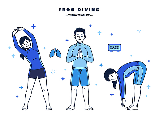 웰빙 여자 남자 수영복 일러스트 건강 사람 운동 수영 스트레칭 수상스포츠 호흡 연습 준비 체조 프리다이빙 국내일러스트 AI파일 옷 스포츠 파일형식 벡터