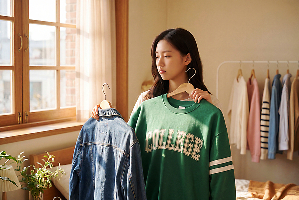 JPG 편집이미지 학생 옷 여자 패션 상의 아침 대학생라이프 여름 재킷 방 선택 스웨터 의료성형뷰티 편집실사 AI인물포토 AI콘텐츠 주간 라이프스타일 계절 대학생 컨셉 사람 외투 CG 파일형식 AI포토 자연요소 생활