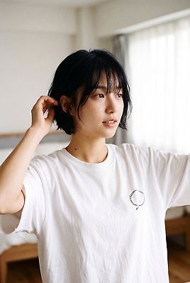 헤어스타일 셔츠 사람 내부 라이프 머리 감각 CG 파일형식 AI포토 여자 실내 티셔츠 창문 빛 방 머리카락 편안함 편집이미지 편집실사 JPG 단발머리 뷰티풀 일상 의료성형뷰티 AI인물포토 AI콘텐츠