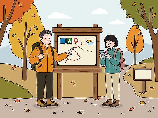 나무 여자 남자 단풍 지도 일러스트 손가락 자연 산 사람 핸드폰 등산 가을 숲 길안내 국내일러스트 AI파일 식물 손 계절 잎 안내 전자제품 트래킹 생태계 파일형식 벡터 레저 신체부위