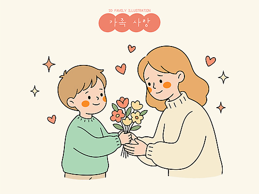 여자 기념일 남자 꽃 행복 아들 꽃다발 일러스트 가족 엄마 따뜻함 사랑 웃음 기쁨 마음 소중 국내일러스트 AI파일 식물 감정 컨셉 관계 표정 사람 이벤트 파일형식 벡터