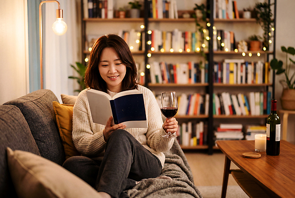 JPG 편집이미지 여자 거실 잔 책장 앉기 취미 책 소파 독서 와인 편안함 읽기 자취 혼자 의료성형뷰티 혼족 편집실사 AI인물포토 AI콘텐츠 식기 가구 의자 모션 주류 사람 감각 CG 싱글라이프 파일형식 AI포토 라이프스타일 음료 생활용품 생활 오브젝트