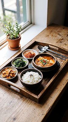 JPG 편집이미지 전통 화분 한식 창문 밥 반찬 김치 쟁반 요리 식사 쌀 두부 김치찌개 나무탁자 자취 집밥 혼자 의료성형뷰티 혼족 편집실사 AI인물포토 AI콘텐츠 음식 탁자 곡류 찌개 CG 싱글라이프 파일형식 AI포토 라이프스타일 가구 생활용품 생활 오브젝트