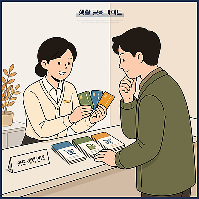 여자 남자 일러스트 안내 대화 설명 금융 정보 카드 선택 소비 고객 직원 서비스 옵션 상담 방문 금융상품 혜택 국내일러스트 AI파일 컨셉 모션 말하기 사람 경제 상품 파일형식 벡터